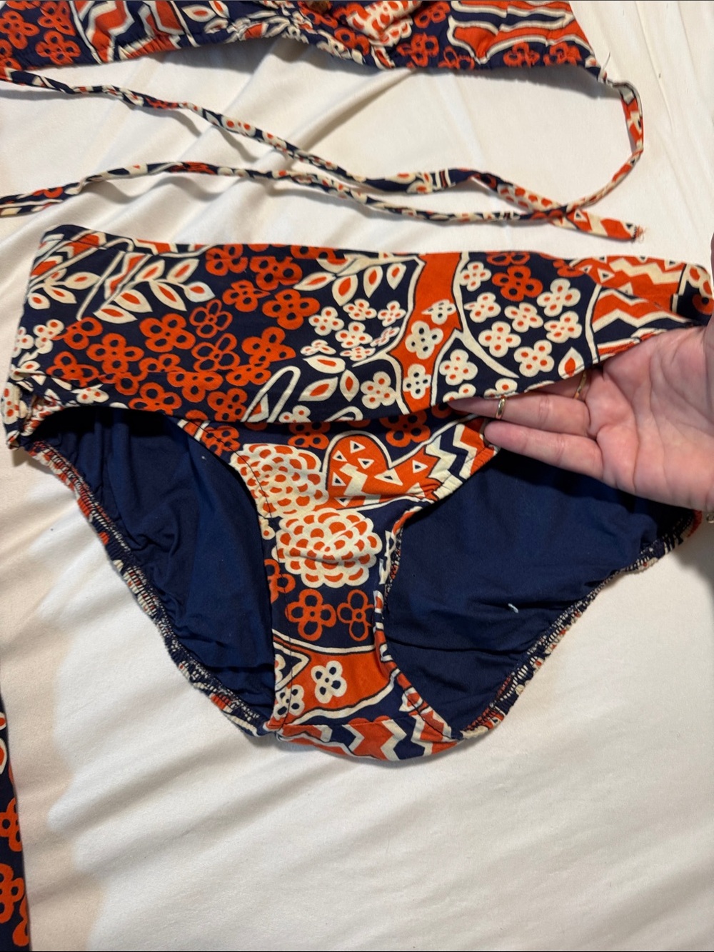 Three-Piece vintage, 100% cotton Bikini Set with Skirt - Orange Navy White - Picture 6 of 9